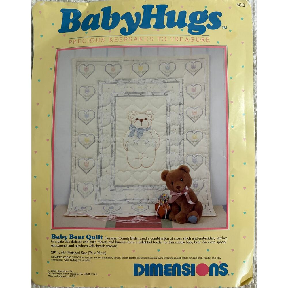 Vintage 1986 Baby Bear Hugs Stamped Quilt Kit to Embroider-DIMEMSIONS-29x36"